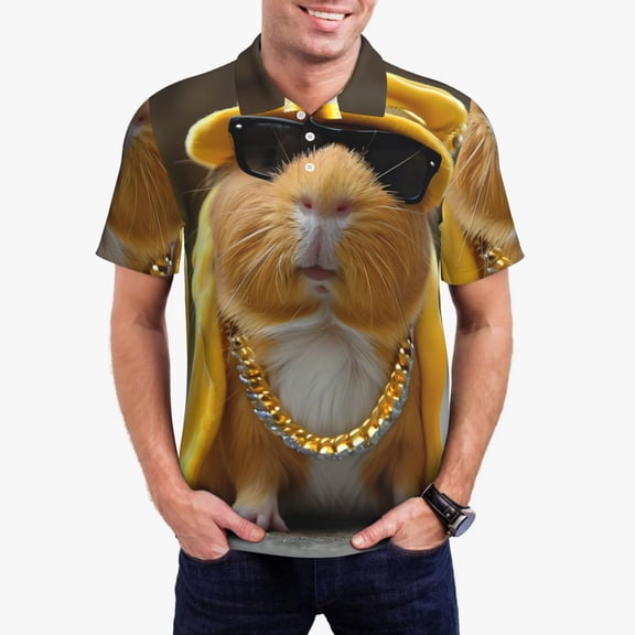 Gukieu Heavy Metal Style Guinea Pig Print Men's Quick-drying POLO Shirt, Button-down Summer T-shirt, Suitable for Work and Outdoor Activities-Medium