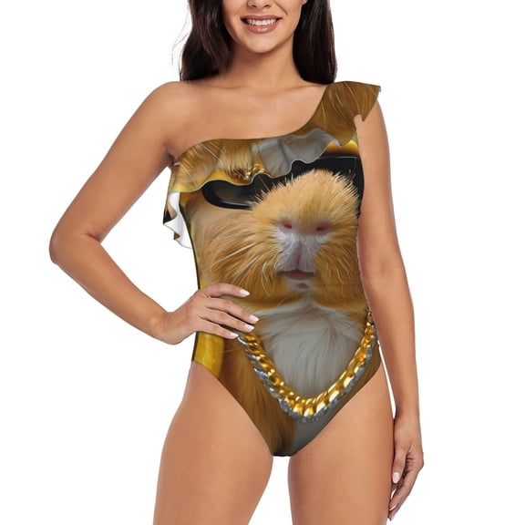 Gukieu Heavy Metal Style Guinea Pig Print One-shoulder Ruffled One-piece Swimsuit with Removable Chest Pads and Tummy-control Swimsuit for Women-Large
