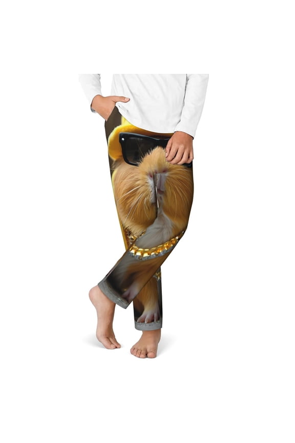 Heavy Metal Style Guinea Pig Print Youth Home Trousers, Elastic Waistband with Pockets for Home and Outing, Suitable for Children Aged 5-16-Medium