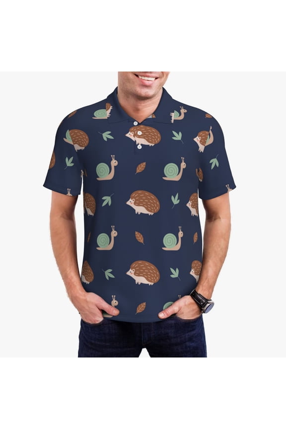 Hedgehog And Snail Print Men's Quick-drying POLO Shirt, Button-down Summer T-shirt, Suitable for Work and Outdoor Activities-3X-Large