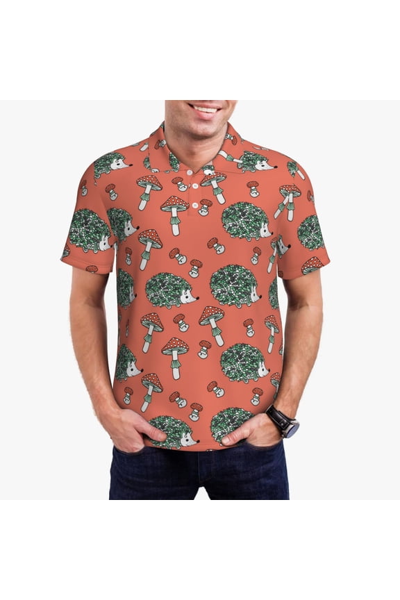 Hedgehog Mushroom Print Men's Quick-drying POLO Shirt, Button-down Summer T-shirt, Suitable for Work and Outdoor Activities-Small