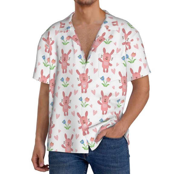 Gukieu Hello Rabbit Print Men's Short-sleeved Shirts, Button-down Pocket Shirts, T-shirts, Beach Vacation Travel Summer Clothing-Medium