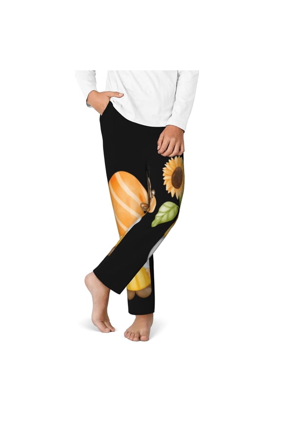 Hello Spring Sunflower Gnomes Print Youth Home Trousers, Elastic Waistband with Pockets for Home and Outing, Suitable for Children Aged 5-16-Medium