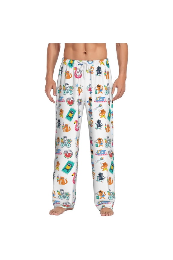 Hello Summer Cat Print Men's Home Trousers, Elastic Drawstring Home Pajamas Clothing Suitable for Adult Men-Large