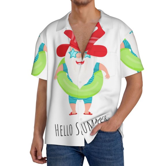 Gukieu Hello Summer Gnome 2 Print Men's Short-sleeved Shirts, Button-down Pocket Shirts, T-shirts, Beach Vacation Travel Summer Clothing-Large