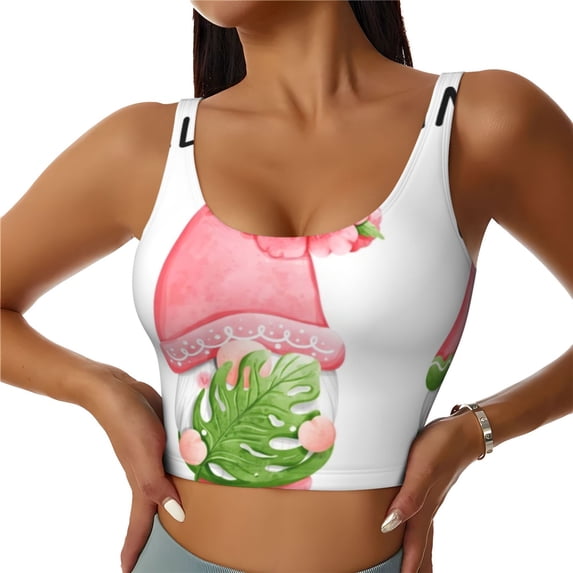 Gukieu Hello Summer Gnome Print Women's Sports Vest, Low-neck U-shaped Removable Pad Sports Bra for Yoga, Exercise, Dance-X-Large