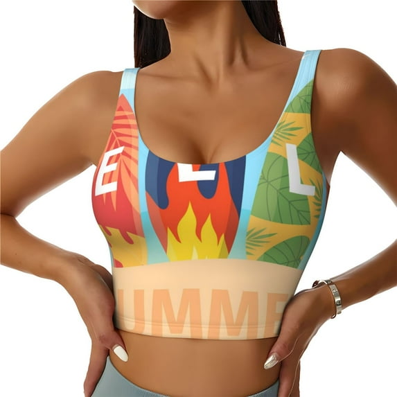 Gukieu Hello Summer3 Print Women's Sports Vest, Low-neck U-shaped Removable Pad Sports Bra for Yoga, Exercise, Dance-Medium