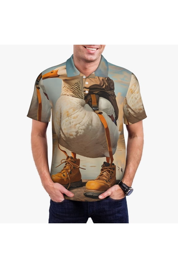 Hiking Duck Print Men's Quick-drying POLO Shirt, Button-down Summer T-shirt, Suitable for Work and Outdoor Activities-Medium