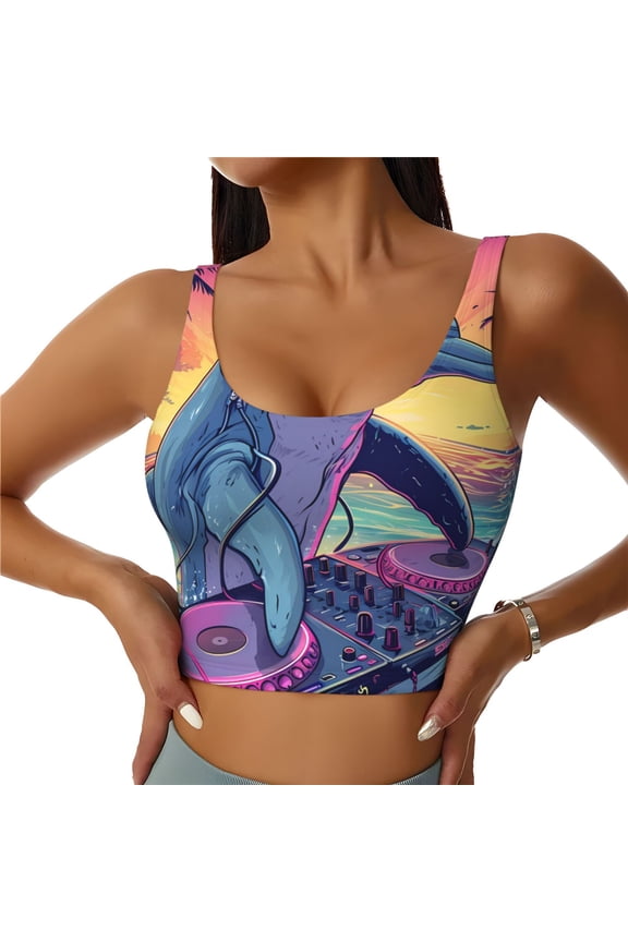 Hip-Hop DJ Dolphin Print Women's Sports Vest, Low-neck U-shaped Removable Pad Sports Bra for Yoga, Exercise, Dance-Medium