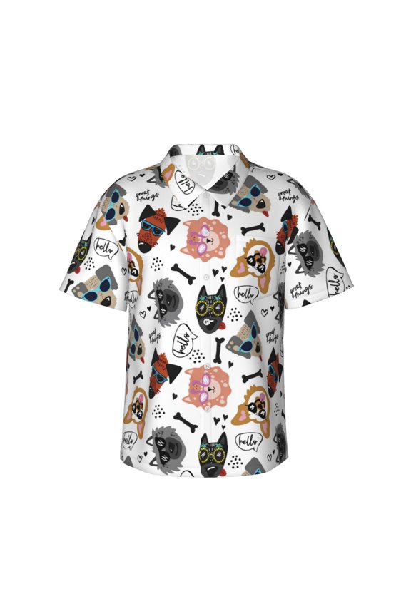 Hip Hop Dog Print Men's Short-sleeved Shirts, Button-down Lapel Hawaiian Shirts, T-shirts, Beach Vacation Summer Casual Wear,Medium