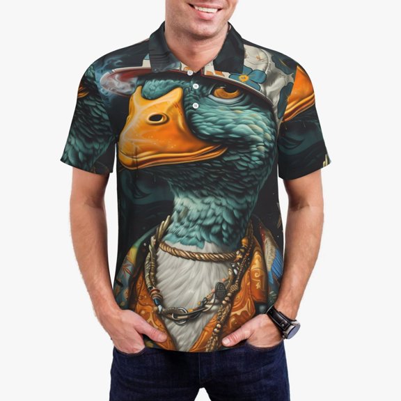 Gukieu Hip-Hop Duck Print Men's Quick-drying POLO Shirt, Button-down Summer T-shirt, Suitable for Work and Outdoor Activities-Small