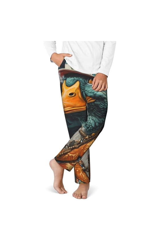 Hip-Hop Duck Print Youth Home Trousers, Elastic Waistband with Pockets for Home and Outing, Suitable for Children Aged 5-16-Large