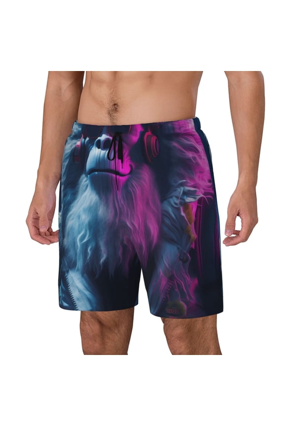 Hip-Hop Glasses Gorilla Print Men's Double Layer Sports Swim Trunks, Quick Dry Adjustable Waist Swim Shorts Swimwear-Medium