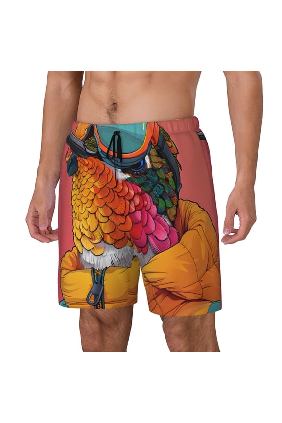 Hip Hummingbird In Jacket Print Men's Double Layer Sports Swim Trunks, Quick Dry Adjustable Waist Swim Shorts Swimwear-3X-Large