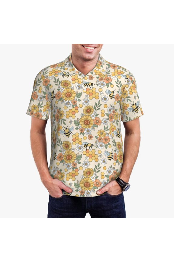 Hippie Bee Honeycomb Print Men's Quick-drying POLO Shirt, Button-down Summer T-shirt, Suitable for Work and Outdoor Activities-Small