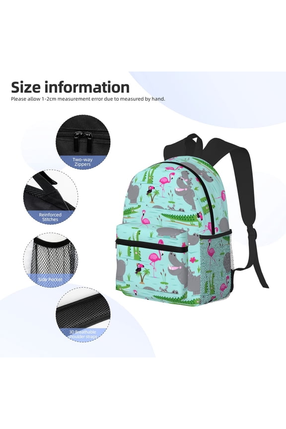 Hippo With Flamingos And Crocodiles Print Backpack, Waterproof Backpack with Adjustable Shoulder Straps, Suitable for Campus, Business, Travel, Unisex