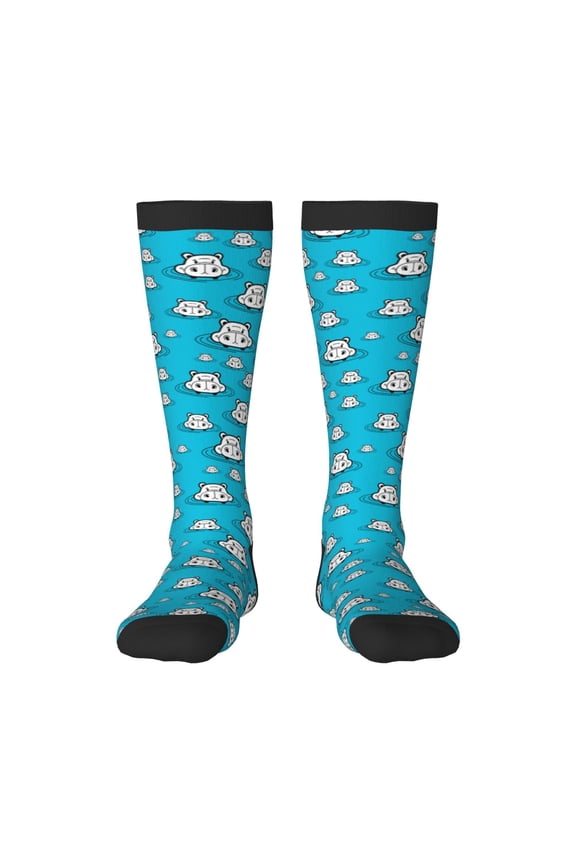 Hippo In Water Head Print Contrast Color Stockings, Elastic Sports Socks Warm Socks Clothing Accessories, Adult Unisex