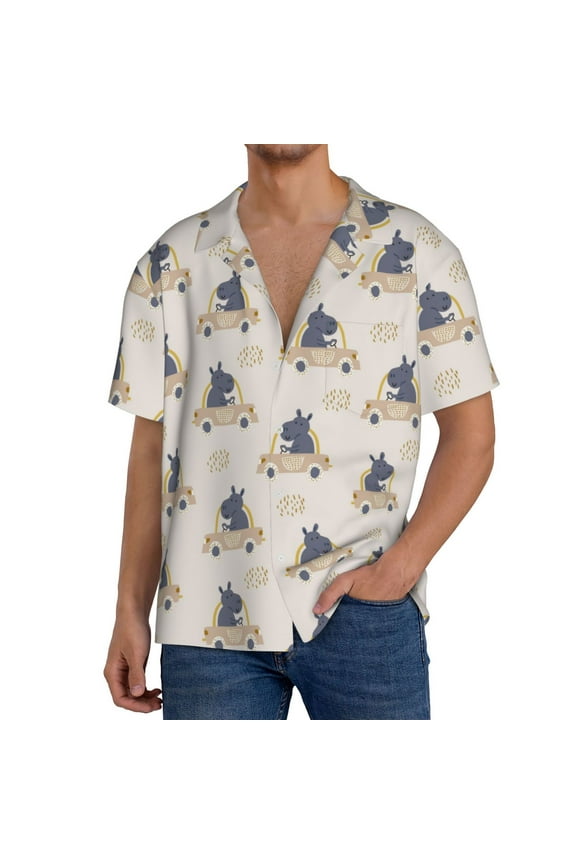 Hippos Driving A Car Print Men's Short-sleeved Shirts, Button-down Pocket Shirts, T-shirts, Beach Vacation Travel Summer Clothing-Small