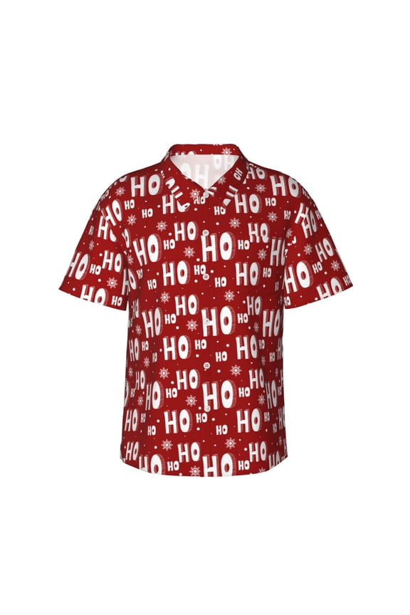 Ho-Ho-Ho Print Men's Short-sleeved Shirts, Button-down Lapel Hawaiian Shirts, T-shirts, Beach Vacation Summer Casual Wear,Small