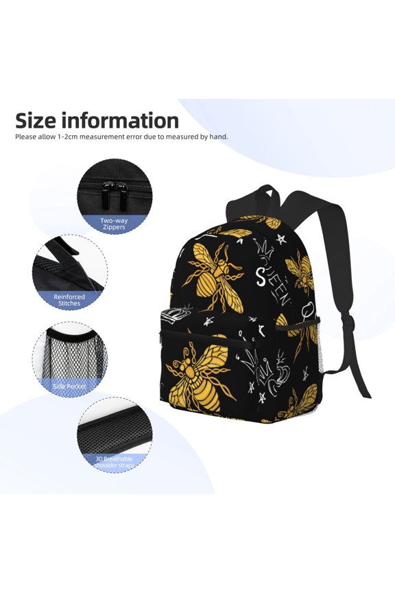 Hohey Bee Golden Embroidery Print Backpack, Waterproof Backpack with Adjustable Shoulder Straps, Suitable for Campus, Business, Travel, Unisex