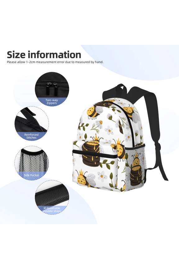 Honey Bee Insect Print Backpack, Waterproof Backpack with Adjustable Shoulder Straps, Suitable for Campus, Business, Travel, Unisex