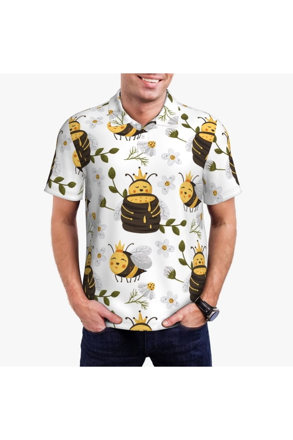 Honey Bee Insect Print Men's Quick-drying POLO Shirt, Button-down Summer T-shirt, Suitable for Work and Outdoor Activities-3X-Large