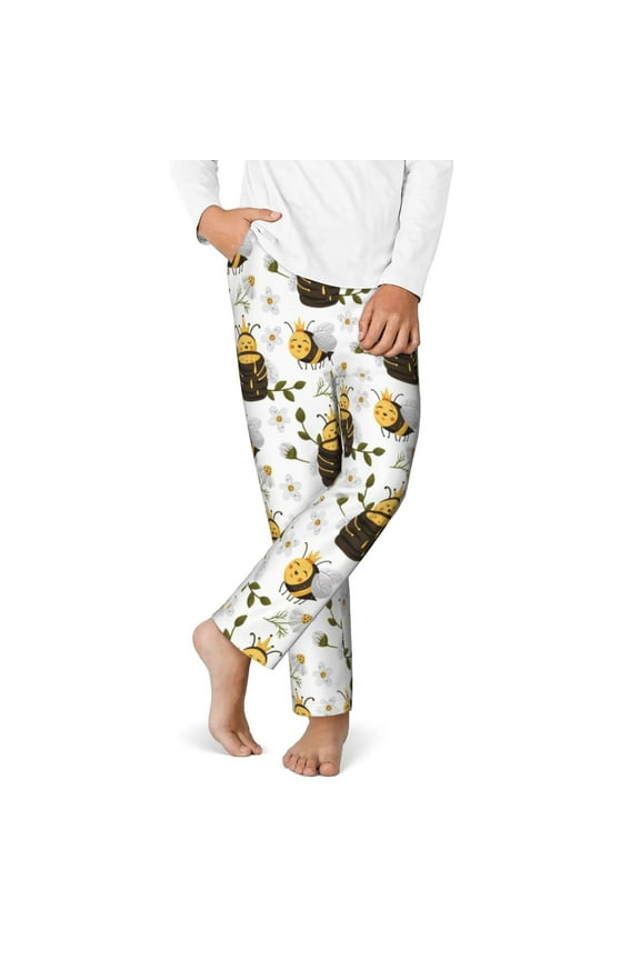 Honey Bee Insect Print Youth Home Trousers, Elastic Waistband with Pockets for Home and Outing, Suitable for Children Aged 5-16-Medium