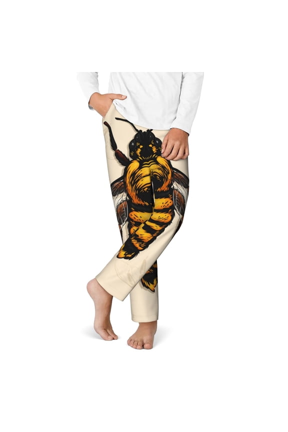 Honey Bee Print Youth Home Trousers, Elastic Waistband with Pockets for Home and Outing, Suitable for Children Aged 5-16-Small