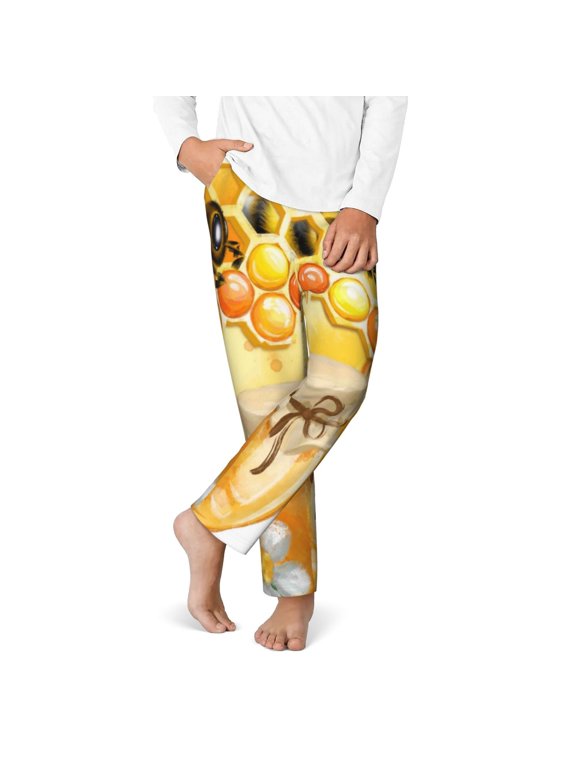 Honey Bee Print Youth Home Trousers, Elastic Waistband with Pockets for Home and Outing, Suitable for Children Aged 5-16-XS(5-6)