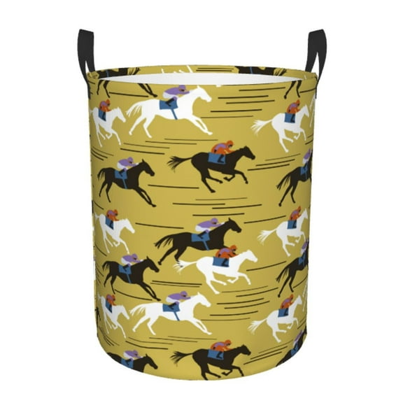 Gukieu Horsemen In Horseraces Print Round Dirty Clothes Bag, Waterproof Standing Home Bathroom Storage Basket Car Trunk Storage Bag-Small