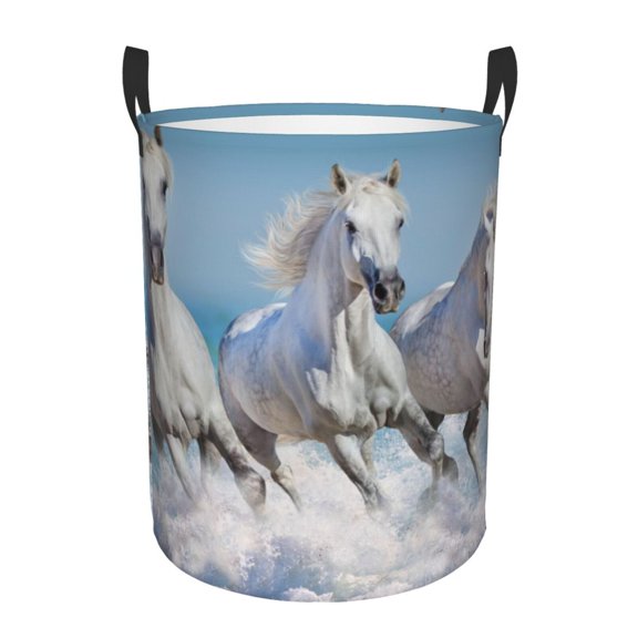 Gukieu Horses Running Through The Water Print Round Dirty Clothes Bag, Waterproof Standing Home Bathroom Storage Basket Car Trunk Storage Bag-Small