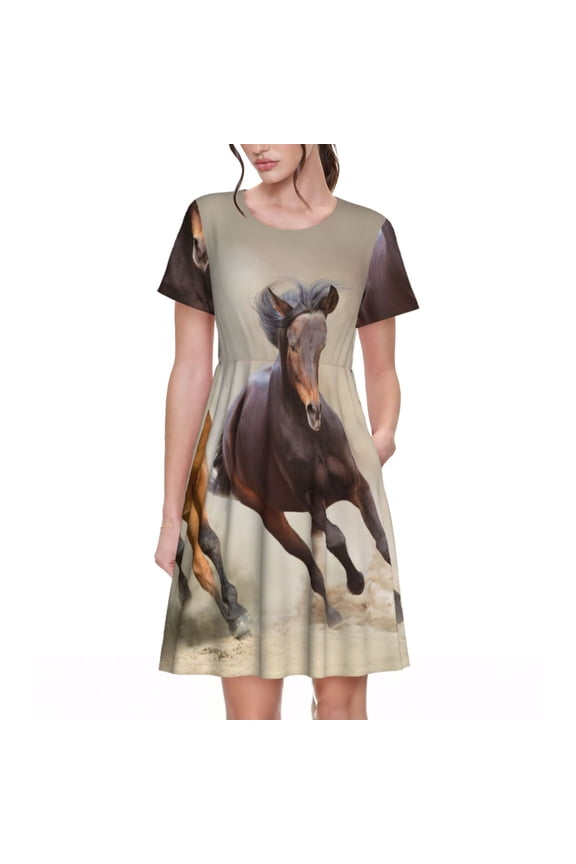 Horses free run on desert Print Women's Short Sleeve Dress, Elastic Waistband A-line with Pockets Summer Dress, Suitable for Daily Leisure, Work, Vacation