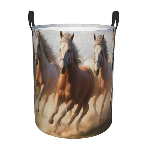 Gukieu Horses running Print Round Dirty Clothes Bag, Waterproof Standing Home Bathroom Storage Basket Car Trunk Storage Bag-