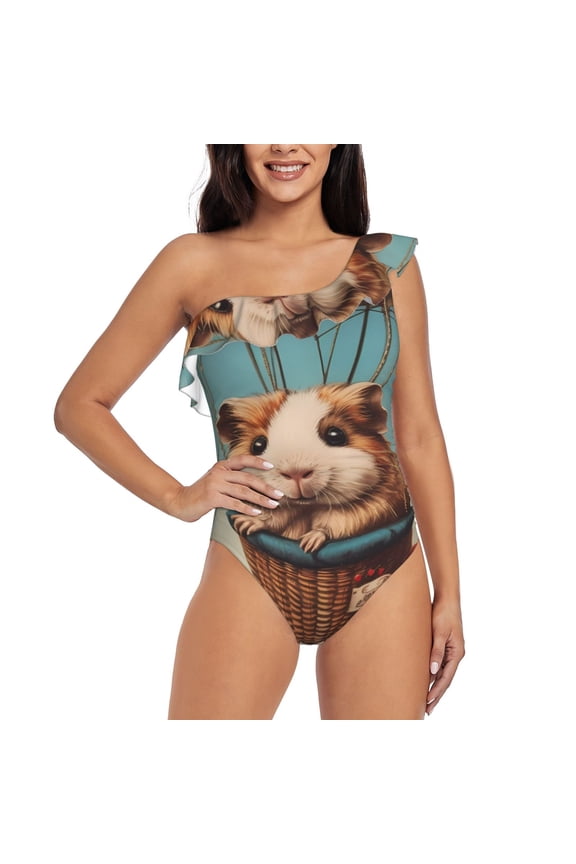 Hot Air Balloon Guinea Pig Print One-shoulder Ruffled One-piece Swimsuit with Removable Chest Pads and Tummy-control Swimsuit for Women-Small