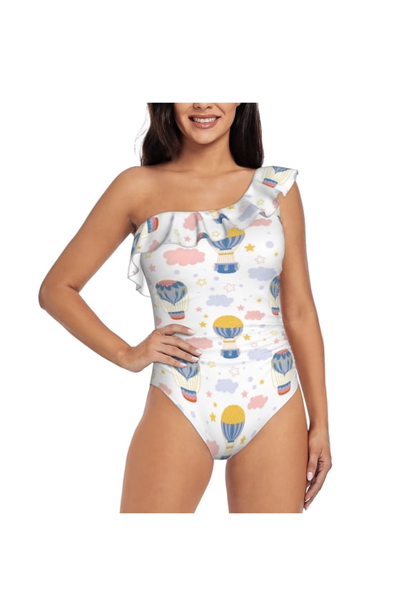 Hot Air Balloon Print One-shoulder Ruffled One-piece Swimsuit with Removable Chest Pads and Tummy-control Swimsuit for Women-XX-Large
