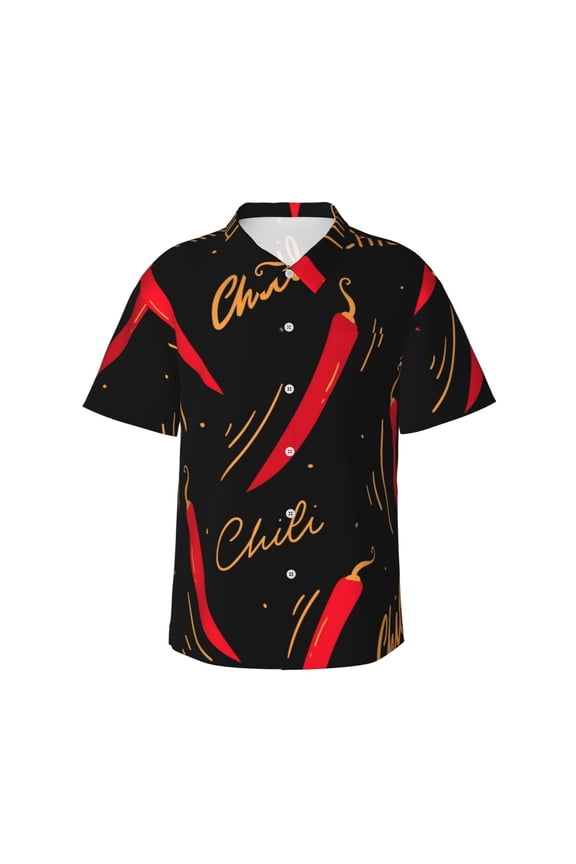 Hot Chili Print Men's Short-sleeved Shirts, Button-down Lapel Hawaiian Shirts, T-shirts, Beach Vacation Summer Casual Wear,Large