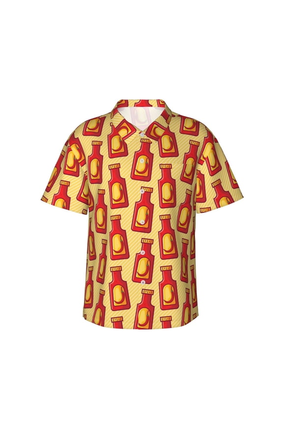 Hot Chili Print Men's Short-sleeved Shirts, Button-down Lapel Hawaiian Shirts, T-shirts, Beach Vacation Summer Casual Wear,Medium