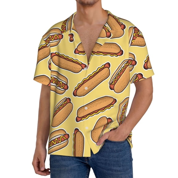 Gukieu Hot Dogs Print Men's Short-sleeved Shirts, Button-down Pocket Shirts, T-shirts, Beach Vacation Travel Summer Clothing-XX-Large
