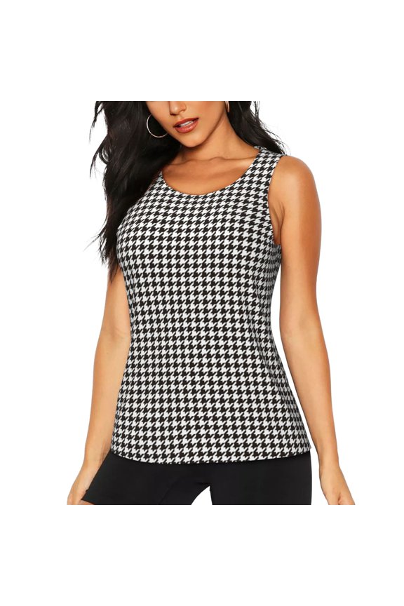 Houndstooth Black And White Print Women's Quick-drying Fitness Vest, Round Neck Sleeveless Fitness T-shirt, Suitable for Yoga, Sports-Large