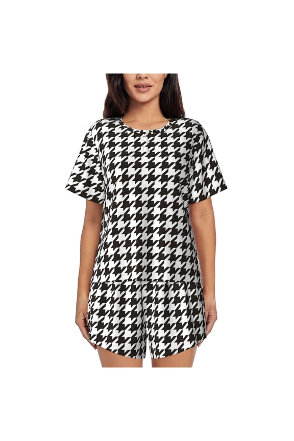 Houndstooth Black And White Print Women's Short-sleeved Pajama Set, Round Neck Button Top Elastic Shorts 2-piece Set, Summer Home Leisure Clothing-Large
