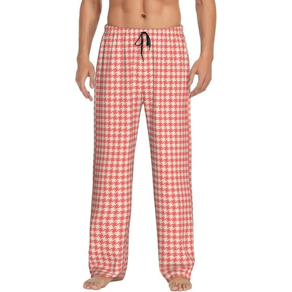 Gukieu Houndstooth With Red And White Print Men's Home Trousers, Elastic Drawstring Home Pajamas Clothing Suitable for Adult Men-3X-Large