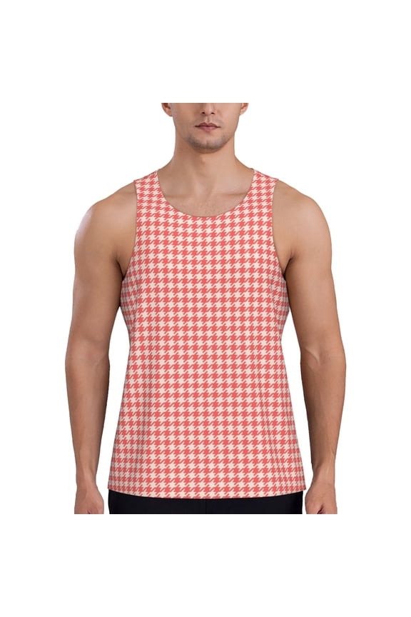 Houndstooth With Red And White Print Men's Quick Dry Fitness Vest, Round Neck Sleeveless Fitness Bodybuilding Top-3X-Large