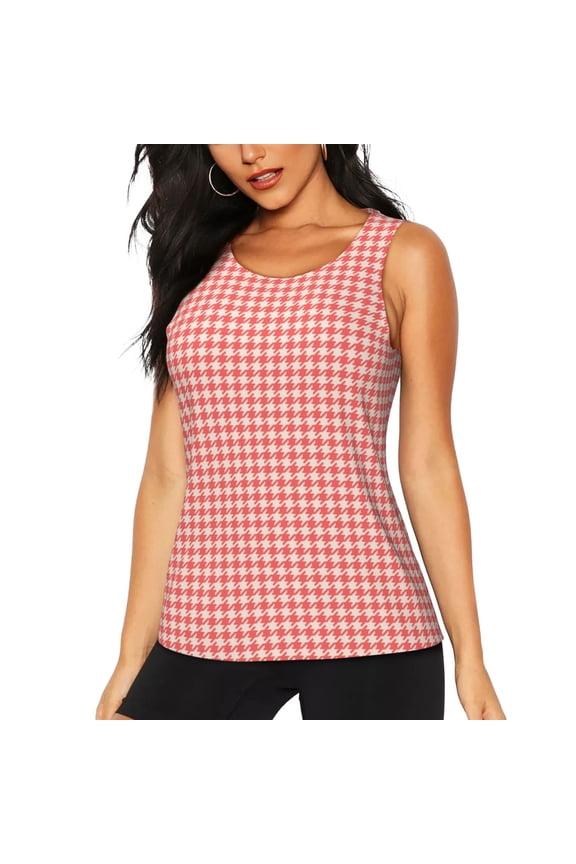 Houndstooth With Red And White Print Women's Quick-drying Fitness Vest, Round Neck Sleeveless Fitness T-shirt, Suitable for Yoga, Sports-Small