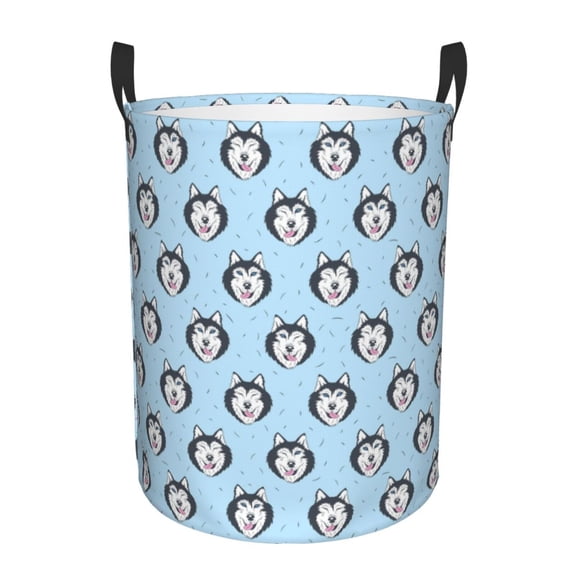 Gukieu Husky Head Print Round Dirty Clothes Bag, Waterproof Standing Home Bathroom Storage Basket Car Trunk Storage Bag-Small