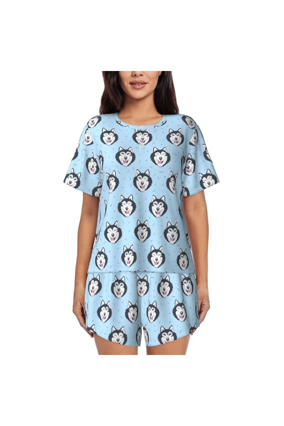 Husky Head Print Women's Short-sleeved Pajama Set, Round Neck Button Top Elastic Shorts 2-piece Set, Summer Home Leisure Clothing-3X-Large