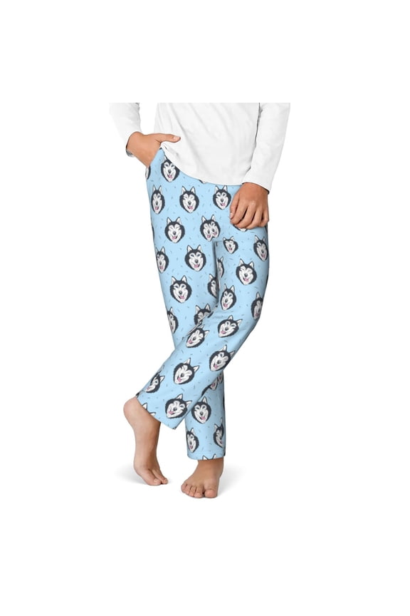 Husky Head Print Youth Home Trousers, Elastic Waistband with Pockets for Home and Outing, Suitable for Children Aged 5-16-Medium