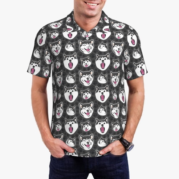 Gukieu Husky Print Men's Quick-drying POLO Shirt, Button-down Summer T-shirt, Suitable for Work and Outdoor Activities-Small