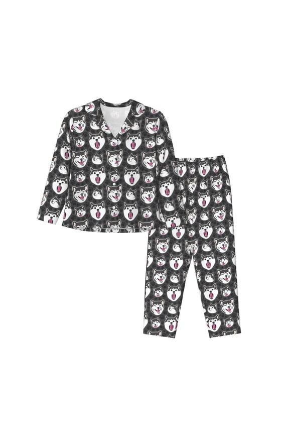 Husky Print Women's Long Sleeve Pajama Set, Button Top Elastic Pocket Pajama Pants Two Piece Set Home Wear-X-Large