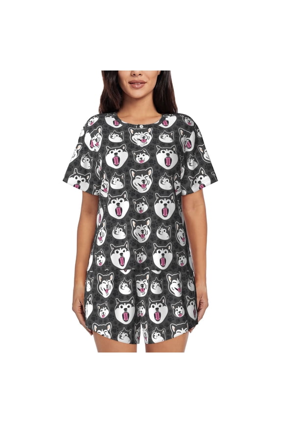 Husky Print Women's Short-sleeved Pajama Set, Round Neck Button Top Elastic Shorts 2-piece Set, Summer Home Leisure Clothing-Medium