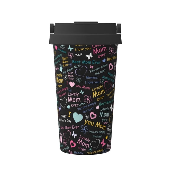 Gukieu I love you Mom Print Insulated Coffee Cup, Portable Stainless Steel Vacuum Cup with Lid, Unisex, Suitable for Office, Cafe, Car